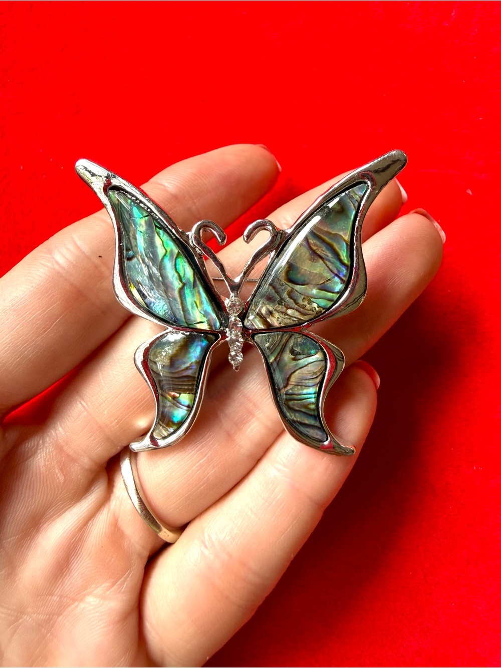 Anthropologie Iridescent Abalone Butterfly Brooch in Green-Blue Silver